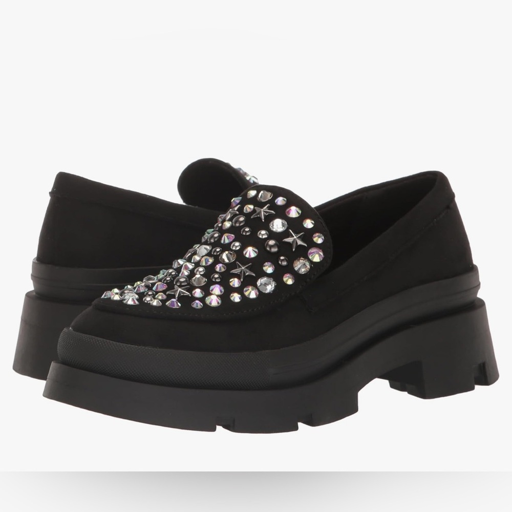 Steve Madden Black Velvet Chunky Sole Loafers -  Multicolored Studs Girls 2 NWT